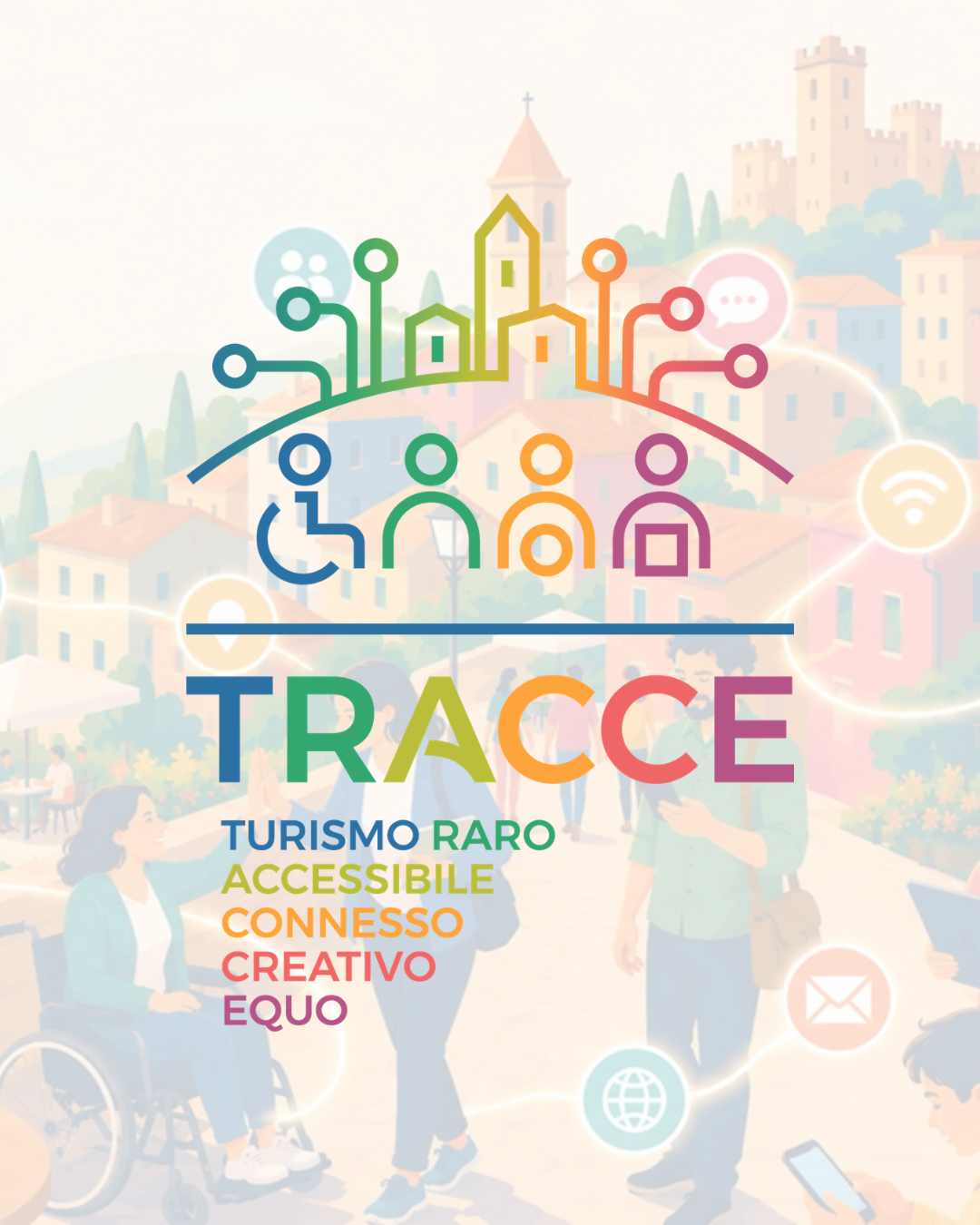 Immagine con il logotipo di tracce e sullo sfondo una rappresentazione fumettistica di un borgo collinare